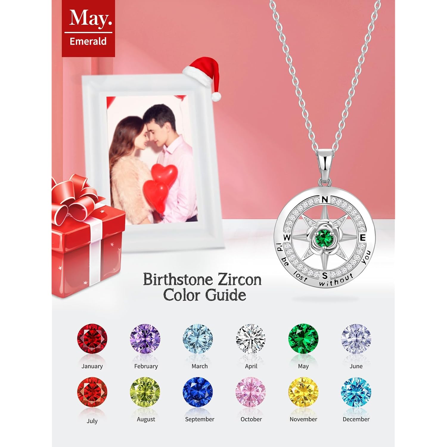 Meeshi Silver Compass Necklace for Women Birthday Gifts for Wife Anniversary Necklace for Women Rose Flower Birthstone Necklaces for Wife Jewelry for Womens Girlfriend Mom Daughter