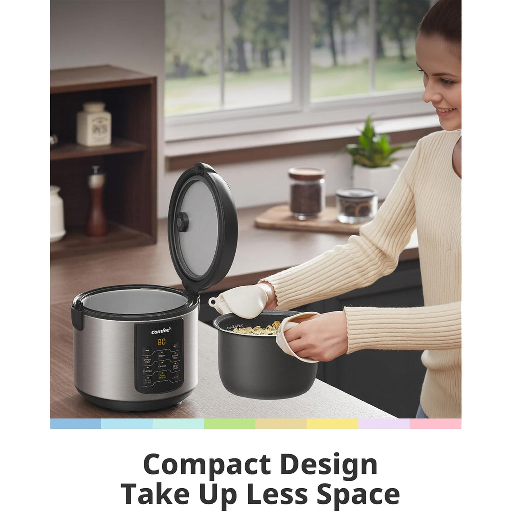COMFEE' Rice Cooker Upgraded, 6-in-1 Stainless Steel Multi Cooker, Slow Cooker, Steamer, Saute, and Warmer, 2 QT, 8 Cups Cooked(4 Cups Uncooked), Brown Rice, Quinoa and Oatmeal, 6 One-Touch Programs