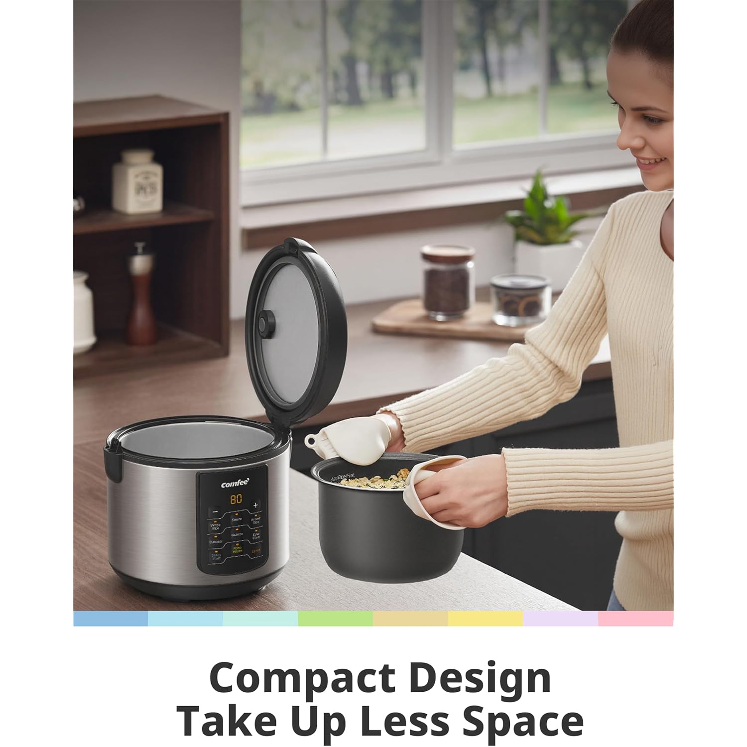 COMFEE' Rice Cooker Upgraded, 6-in-1 Stainless Steel Multi Cooker, Slow Cooker, Steamer, Saute, and Warmer, 2 QT, 8 Cups Cooked(4 Cups Uncooked), Brown Rice, Quinoa and Oatmeal, 6 One-Touch Programs