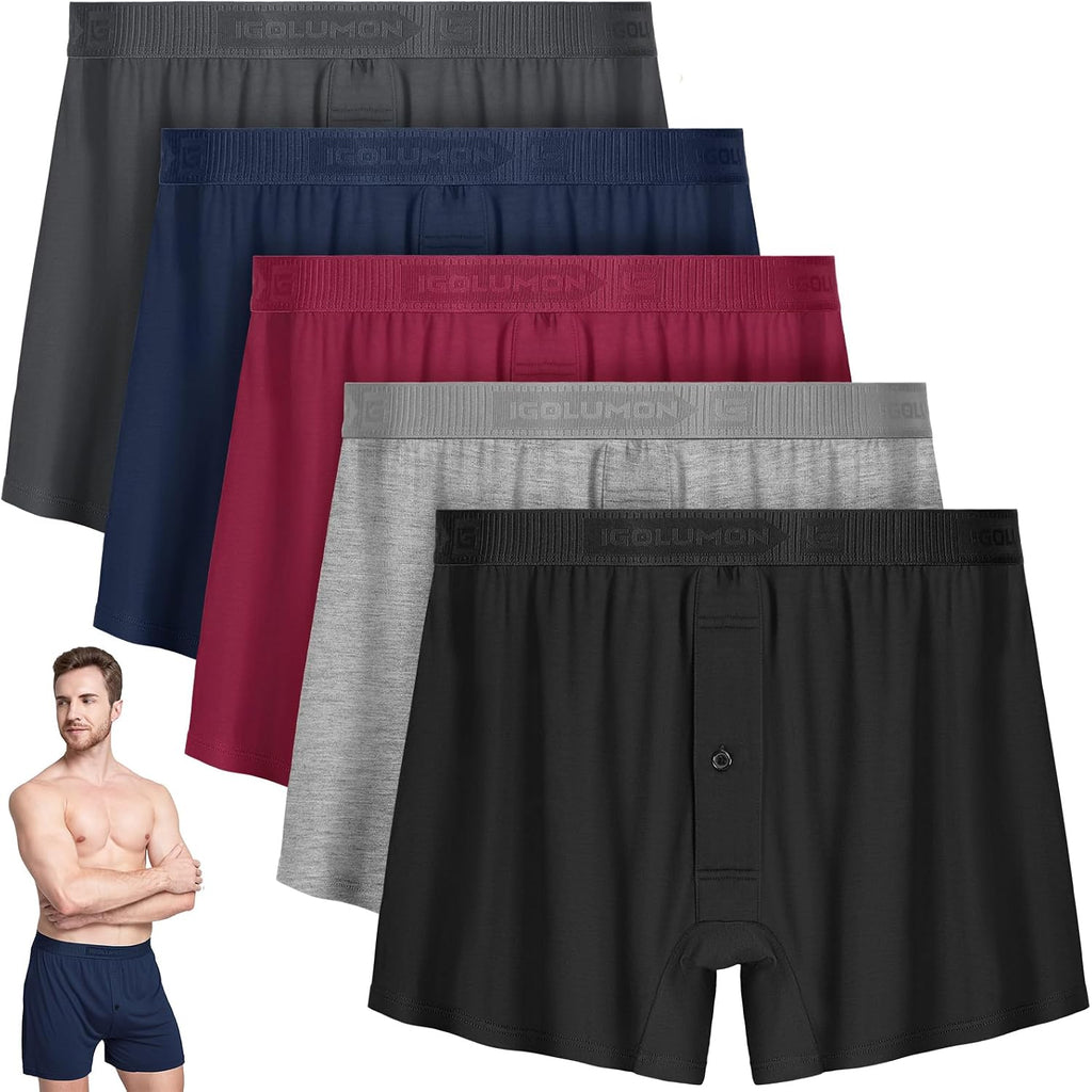 Igolumon Mens Underwear Boxer Shorts 5 Pack Bamboo Rayon Boxers For Men Classic Relaxed Fit Boxer Shorts With Button Fly