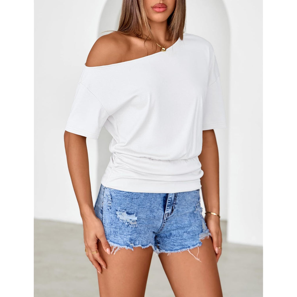 Merokeety Women'S Off The Shoulder Short Sleeve Tops 2026 Summer Casual Going Out Trendy Y2K T Shirts