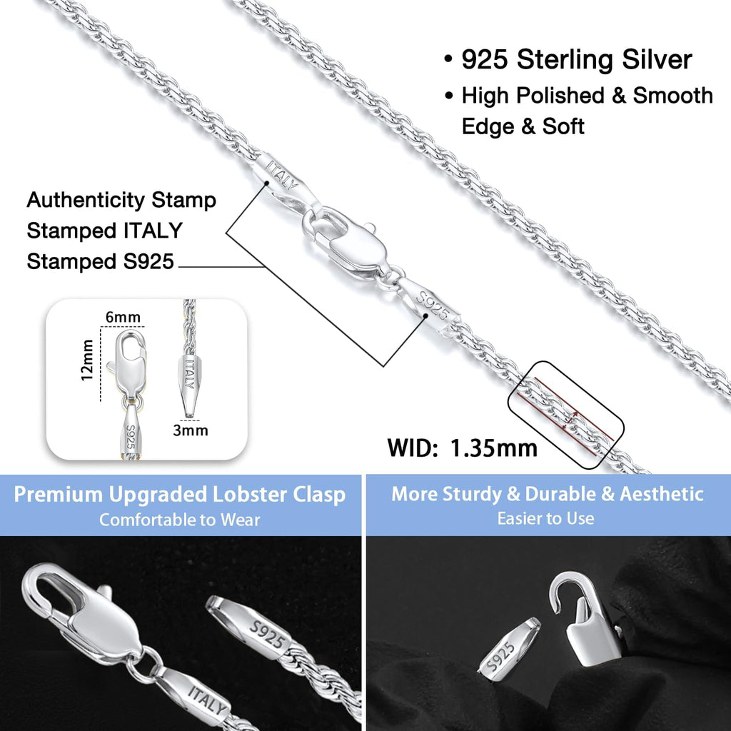 Jewlpire 18K Gold Plated 925 Sterling Silver Chain Necklace for Women, 1.35mm Rope Chain Necklace for Women Men Super Shiny & Durable Women's Chains Necklaces 16 18 20 22 24 26 Inch