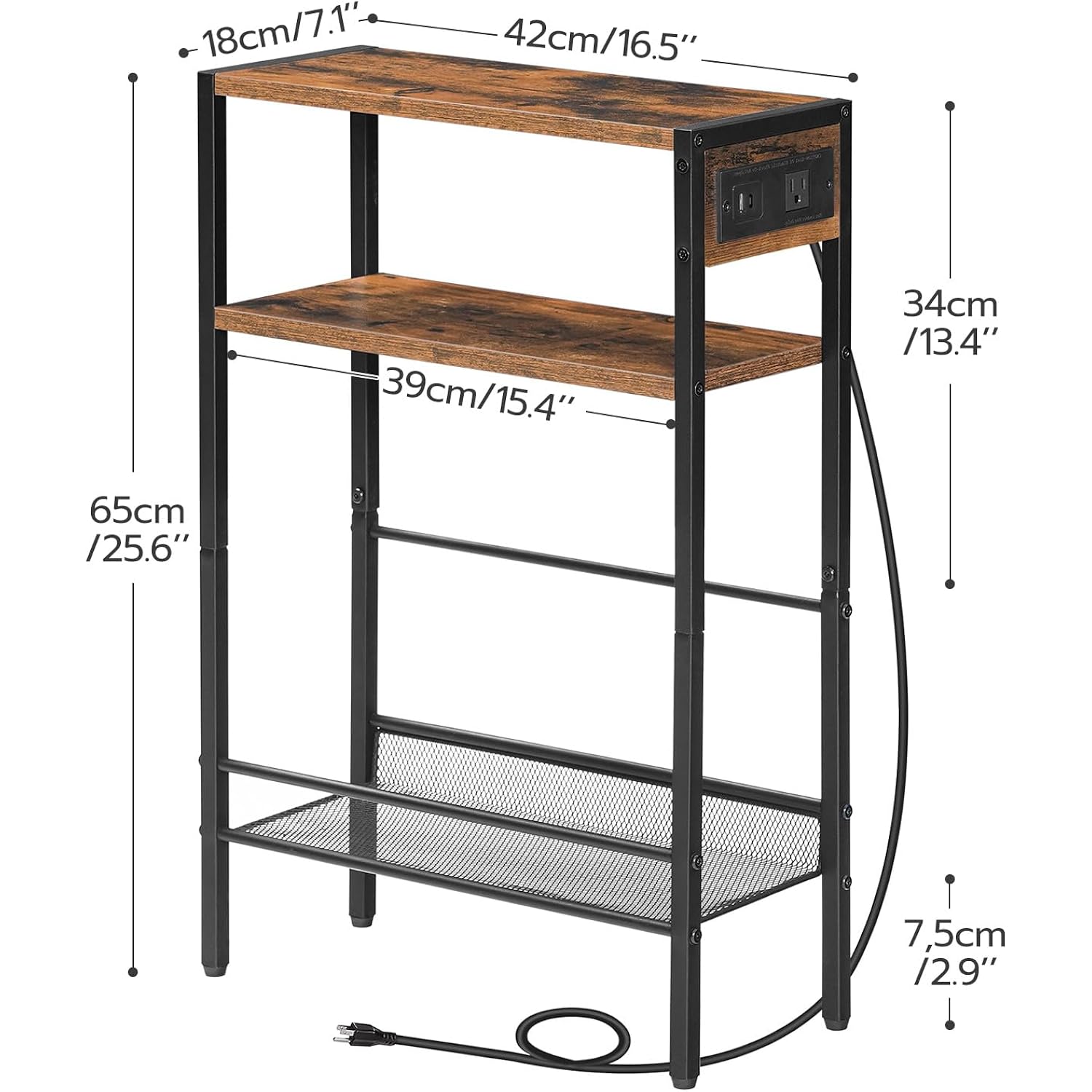 Hoobro Small Narrow Side Table With Charging Station, Skinny End Table For Small Spaces, Slim Nightstand With Usb Ports Outlet, Sofa Beside Table With Storage Shelf, Rustic Brown And Black Bf102Ubz01