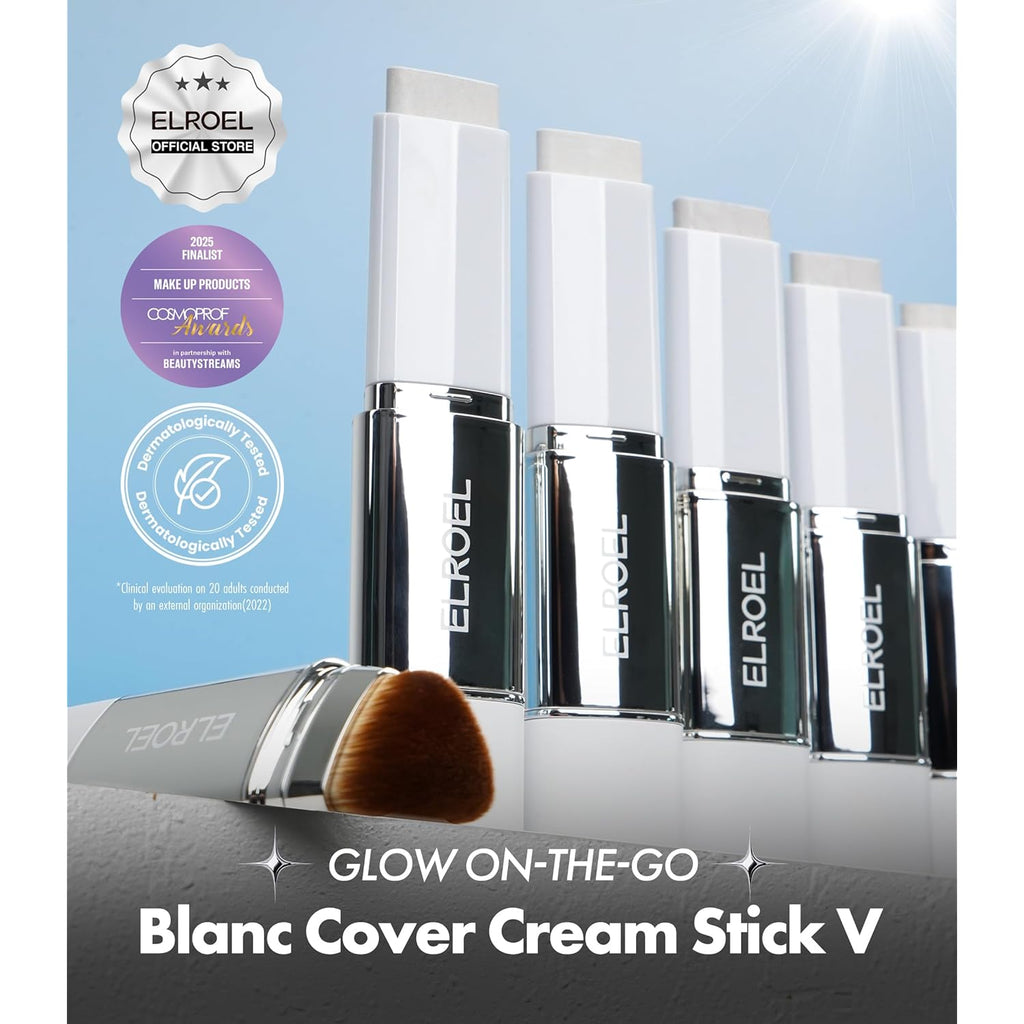 ELROEL Blanc Cover Cream Stick V White - Korean Color-Changing Foundation Stick with Volufiline - Medium to Full Coverage Dewy Finish Base Makeup - Dual-Ended with Detachable Brush (203 Medium)