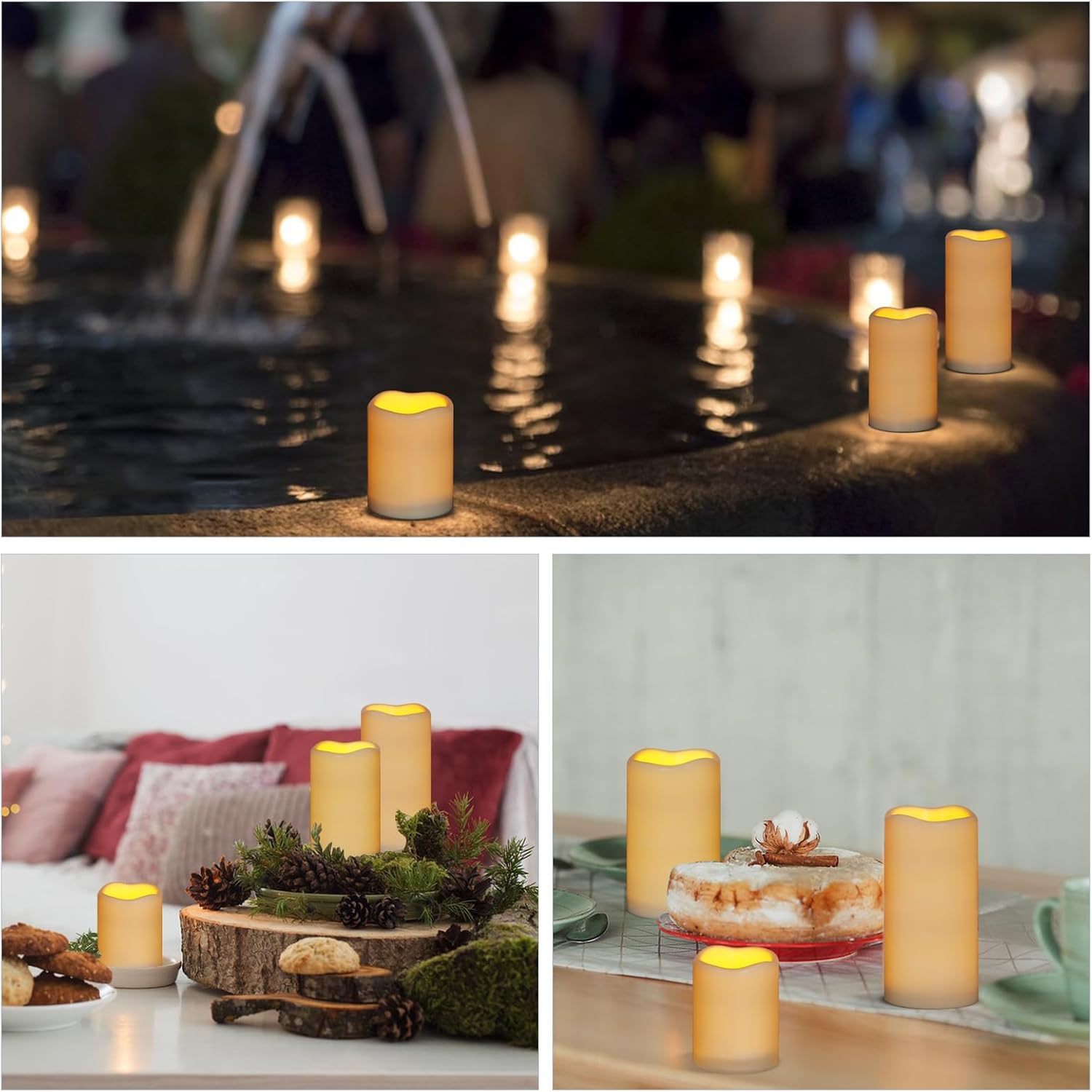 Flameless Candles 4" 5" 6" Outdoor Indoor Pillars Battery Operated Flickering Candles Include 10-Key Remote Timer 400+ Hours By 2 Aa Batteries (Ivory Candle - Warm Light, 3"D X 4"|5"|6" H - 3 Pack)