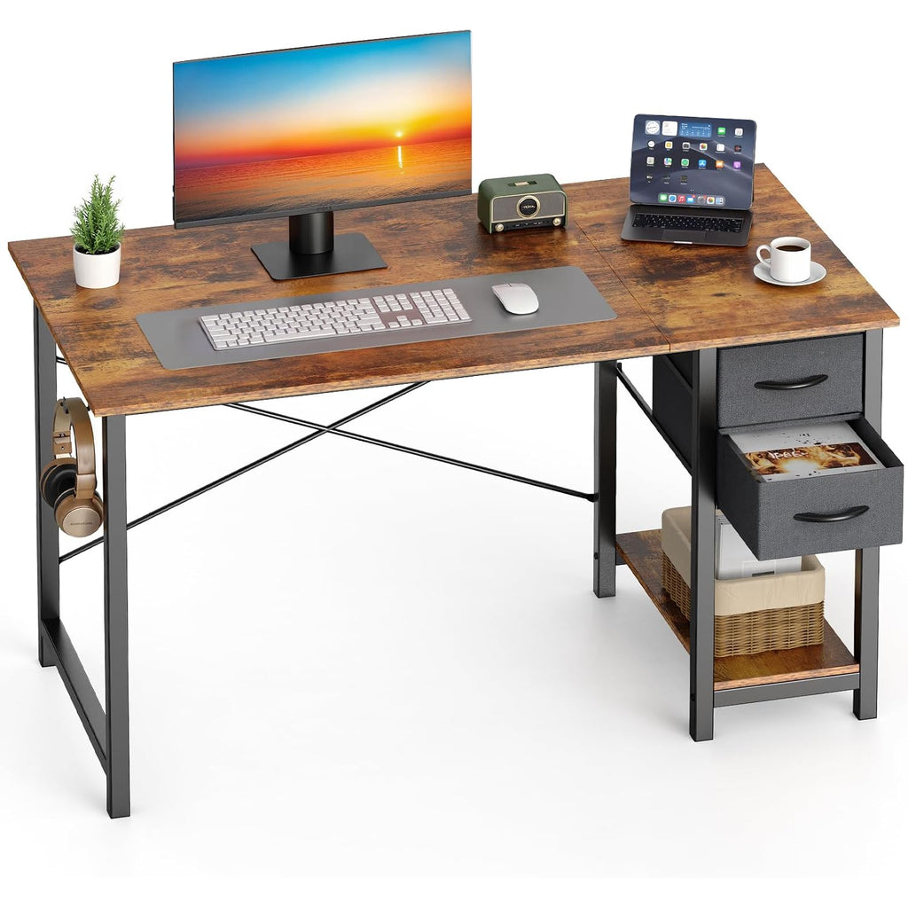 Sweetcrispy 40-Inch Computer Desk With Drawers, Office Desk, Brown | Small Desk For Bedroom Home Office With Side Hook, Modern Simple Desk With Storage For Writing