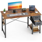 Sweetcrispy 40-Inch Computer Desk With Drawers, Office Desk, Brown | Small Desk For Bedroom Home Office With Side Hook, Modern Simple Desk With Storage For Writing