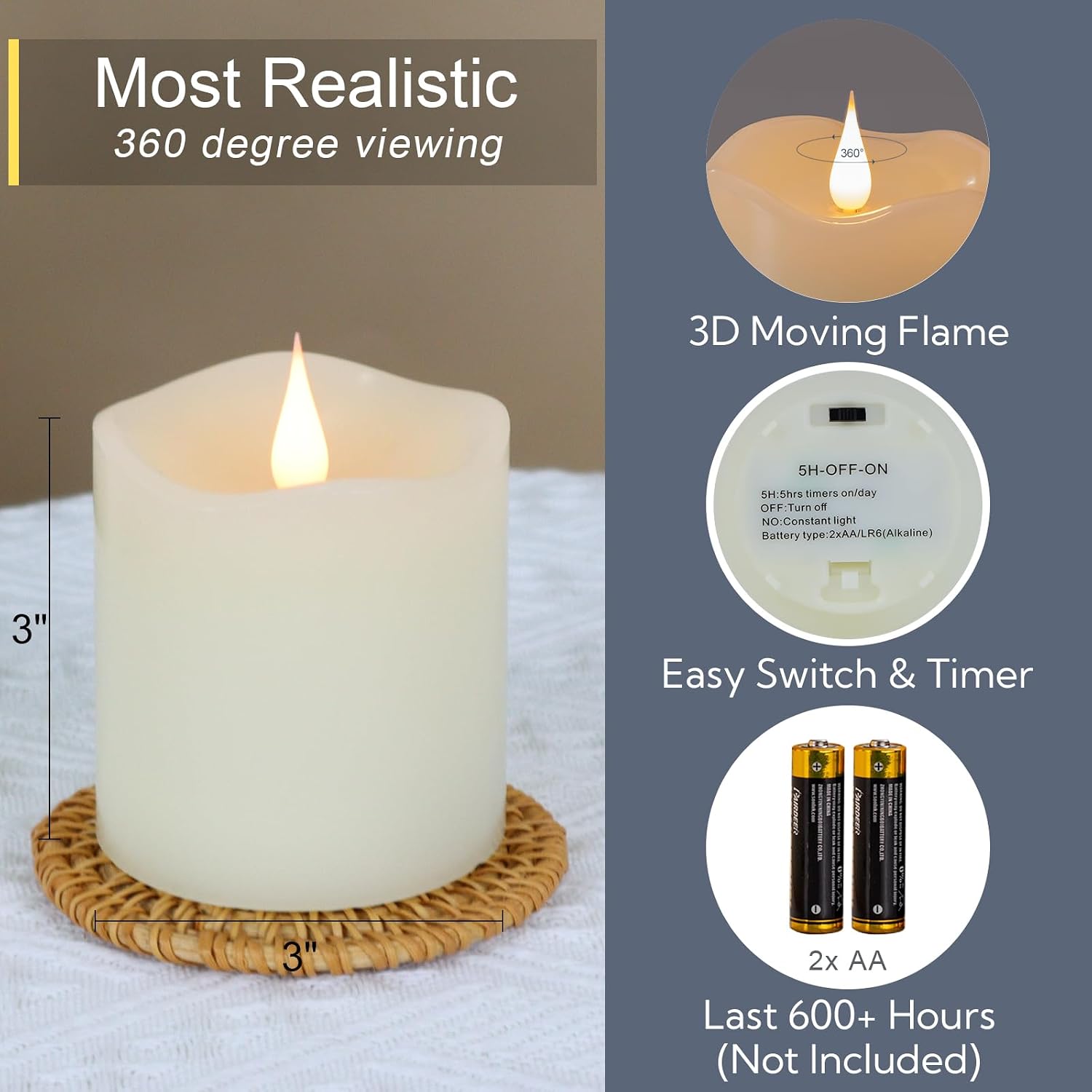 Flameless Candles Battery Operated With Timer, 3D Moving Flame Flickering, Last 600+ Hours Battery Candles, 3" X 3" Ivory Real Wax Electric Led Candle For Wedding Party Decorations