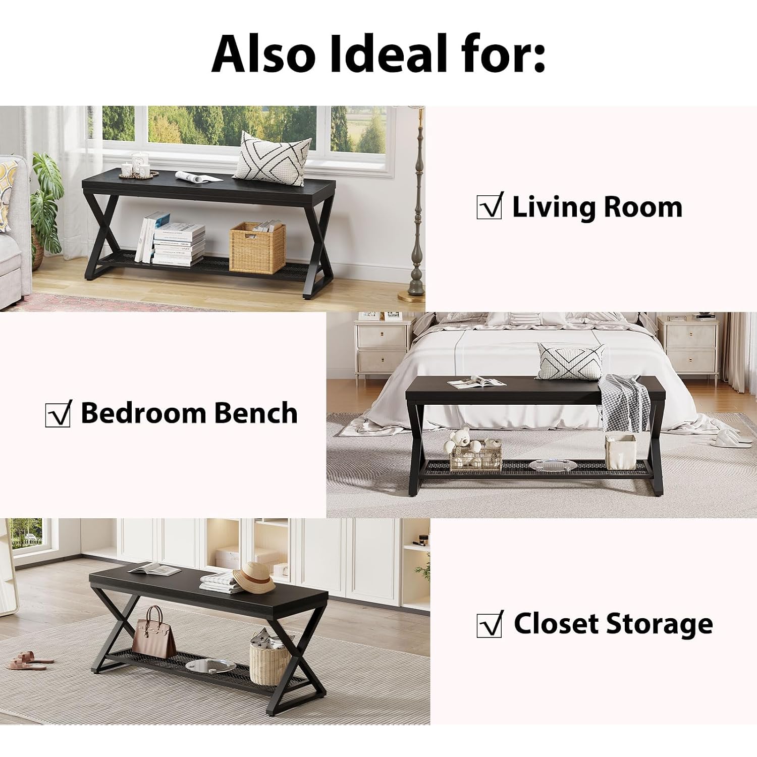 Lvb Black Bench, Industrial Entryway Bench With Storage, Indoor Wood And Metal Storage Bench For Living Room Bedroom, Accent Shoe Rack Seating Bench For Hallway Foyer Entrance, Black Oak, 47 Inch