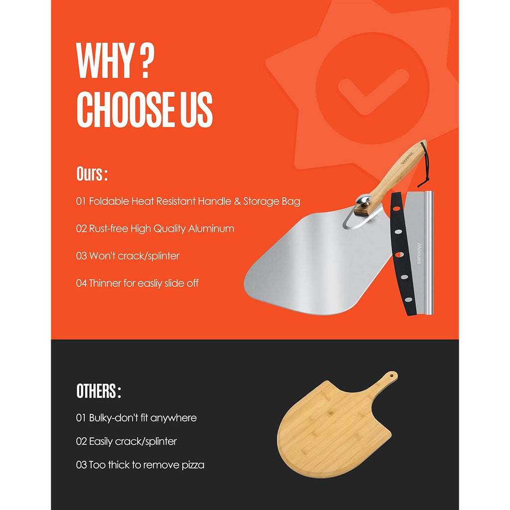 Pizza Peel Aluminum Pizza Spatula, Mooues 12 Inch Metal Pizza Paddle(12"X 14")With Rocker Cutter Foldable Wood Handle, [Storage Bag Included], For Family Pizza Oven Baking Pizza, Dough, Bread & Pastry