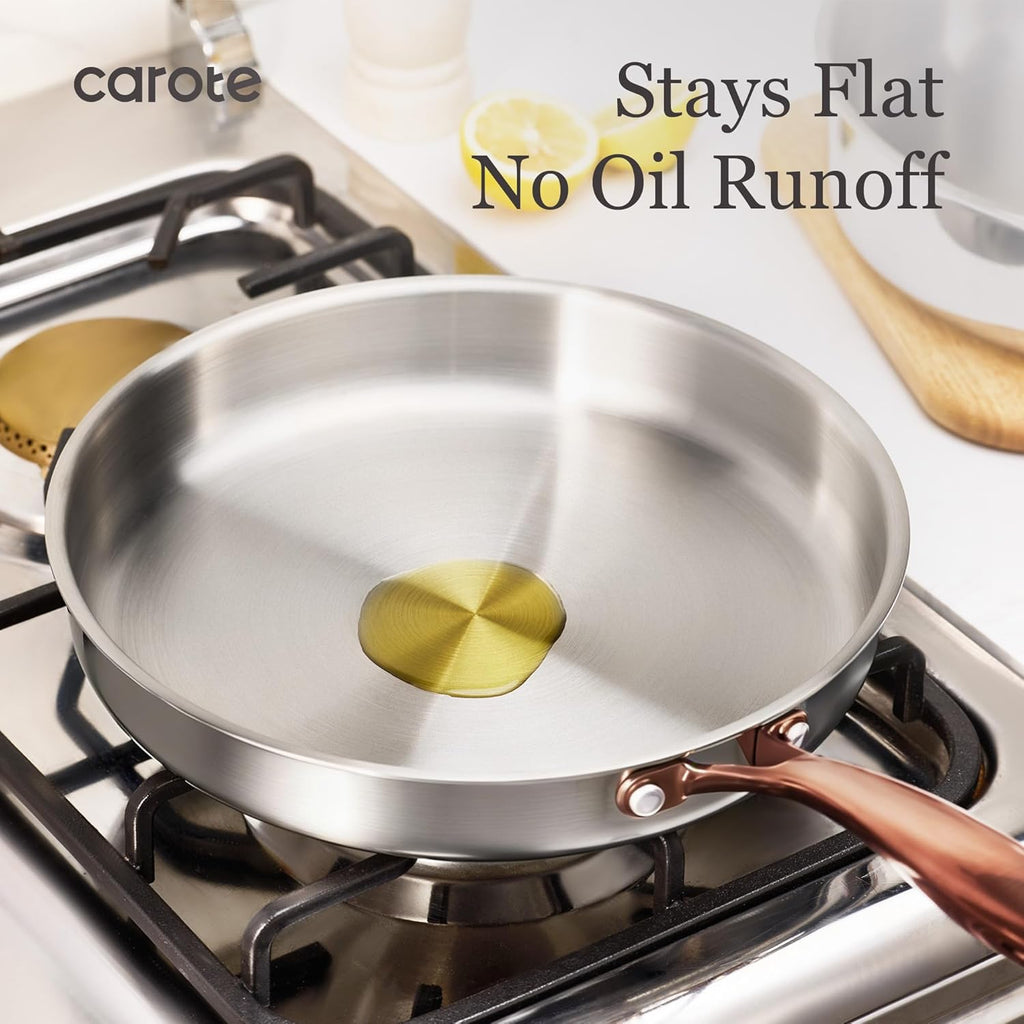 CAROTE 3-Piece Tri-Ply Stainless Steel Frying Pan Set, Skillet Set 8"/10"/12", Induction Compatible, Oven & Dishwasher Safe, Gold Handle, Mothers Day Gifts
