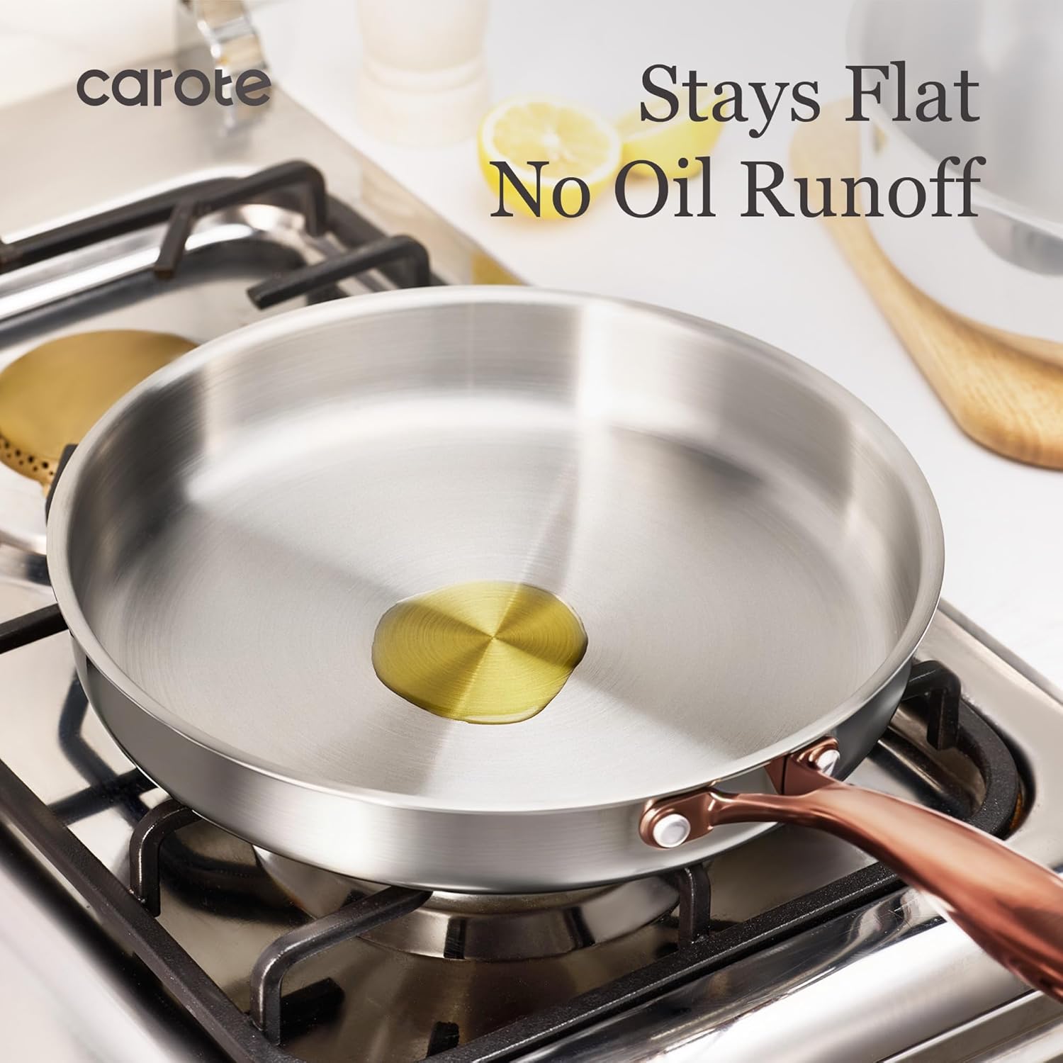 CAROTE 3-Piece Tri-Ply Stainless Steel Frying Pan Set, Skillet Set 8"/10"/12", Induction Compatible, Oven & Dishwasher Safe, Gold Handle, Mothers Day Gifts