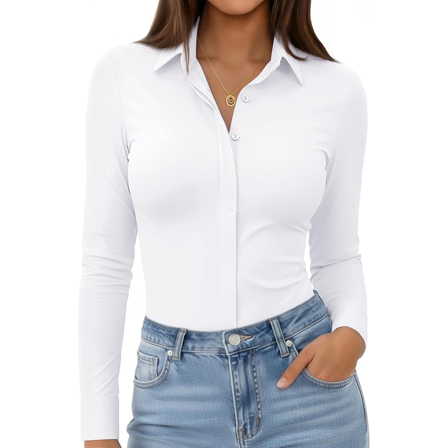 Womens Stretch Button Down Shirt Fitted Dress Shirt Long Sleeve Wrinkle Free Collared Business Casual Blouse