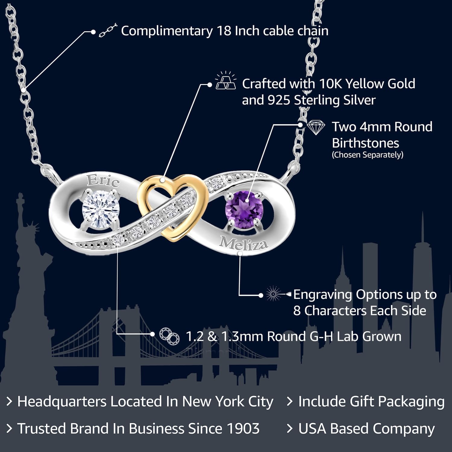 Gem Stone King Customized Personalized Engraved 2-Stone Heart Interlocking Infinity Pendant Necklace For Women | 925 Sterling Silver and 10K Yellow Gold | Gemstone Birthstone and Lab Grown Diamond |