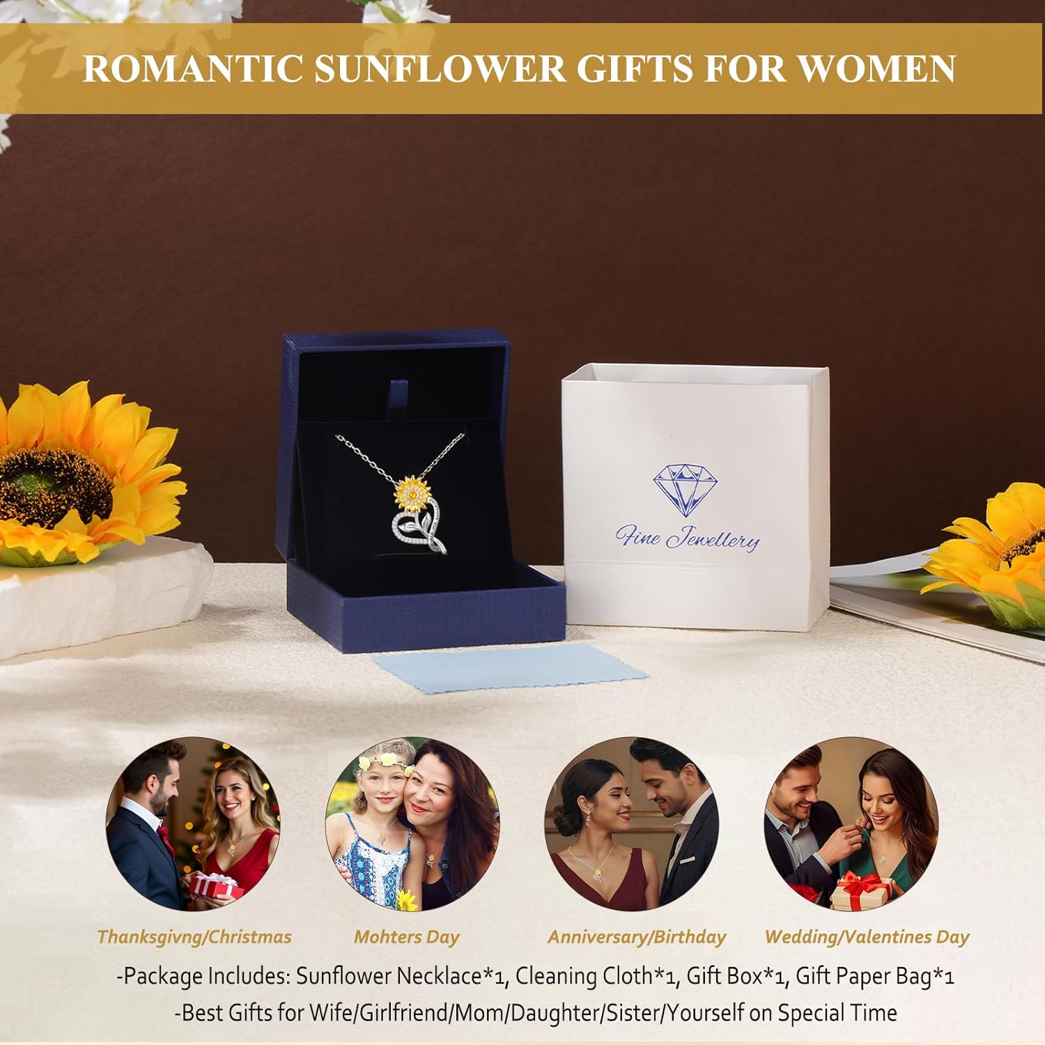 Meeshi Mothers Day Gifts for Wife - 18K Gold Plated Sunflower Necklaces for Women Gifts for Wife Birthday Anniversary, 925 Sterling Silver Women's Jewelry You Are My Sunshine Gift for Mom Daughter