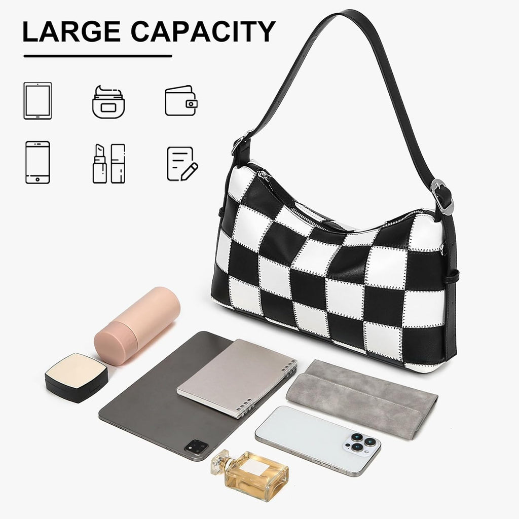 hibear Checkered Shoulder Bag for Women Classic Black and White Purse Trendy Crossbody Purse Leather Totes Hobo Handbag
