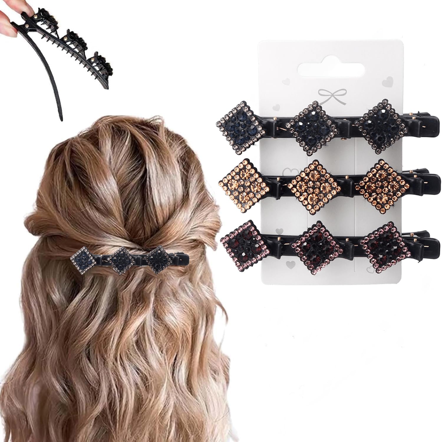 3 Pcs Sparkling Crystal Stone Braided Hair Clips, 2025 New Satin Fabric Hair Bands Rhinestone Four-Leaf Clover Hair Clip For Styling, Duck Bill Clips For Women Girls, Color F