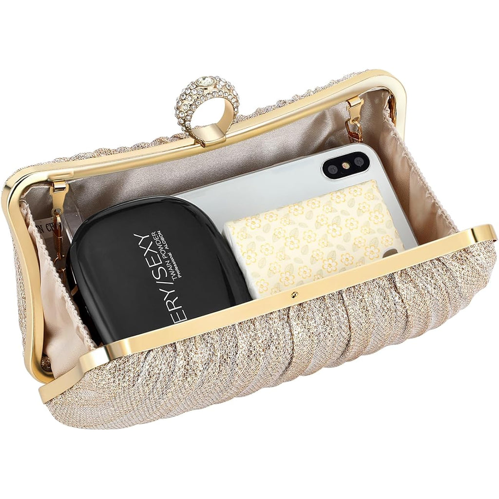 Womens Golden Glitter Clutch Purse Pleated Evening Bag for Bridal Wedding Party with Rhinestone Ring