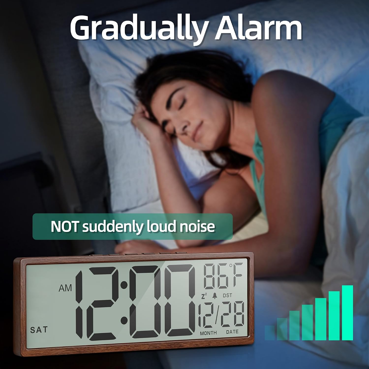 Digital Wood Wall Clock With Battery Operated, 15" Digital Clock Large Display With Date And Day Of Week, Large Number With Temperature, Auto Dst, Alarm, Snooze, 12/24-Hour For Desk Office