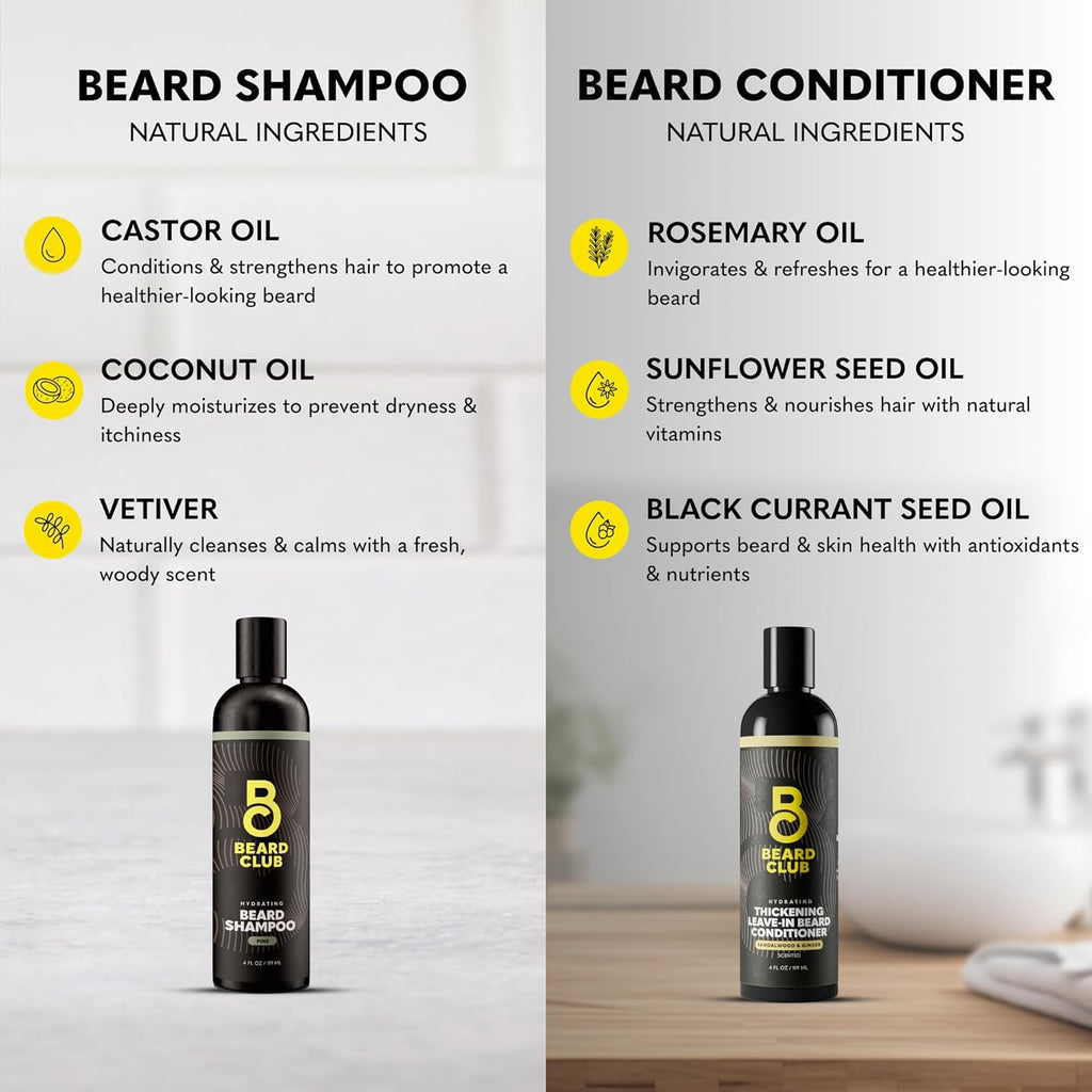 The Beard Club Beard Wash and Conditioner Set – Facial Hair Shampoo & Leave-In Conditioner for Men – Hydrating, Softener Mens Face Wash Grooming Care Gift Kit