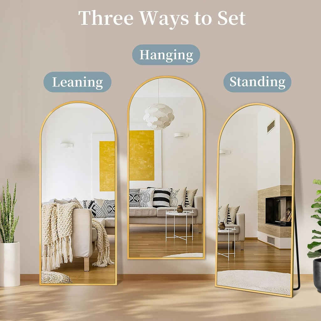 Full Length Mirror With Stand, 56"X14" Arched Full Body Mirror, Large Stand Up Aluminum Frame Floor Freestanding Hanging Leaning Mounted For Bedroom Living Room Entryway Gold
