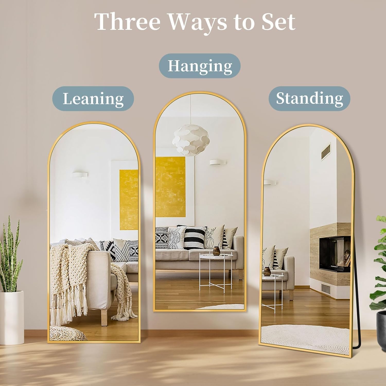 Full Length Mirror With Stand, 56"X14" Arched Full Body Mirror, Large Stand Up Aluminum Frame Floor Freestanding Hanging Leaning Mounted For Bedroom Living Room Entryway Gold