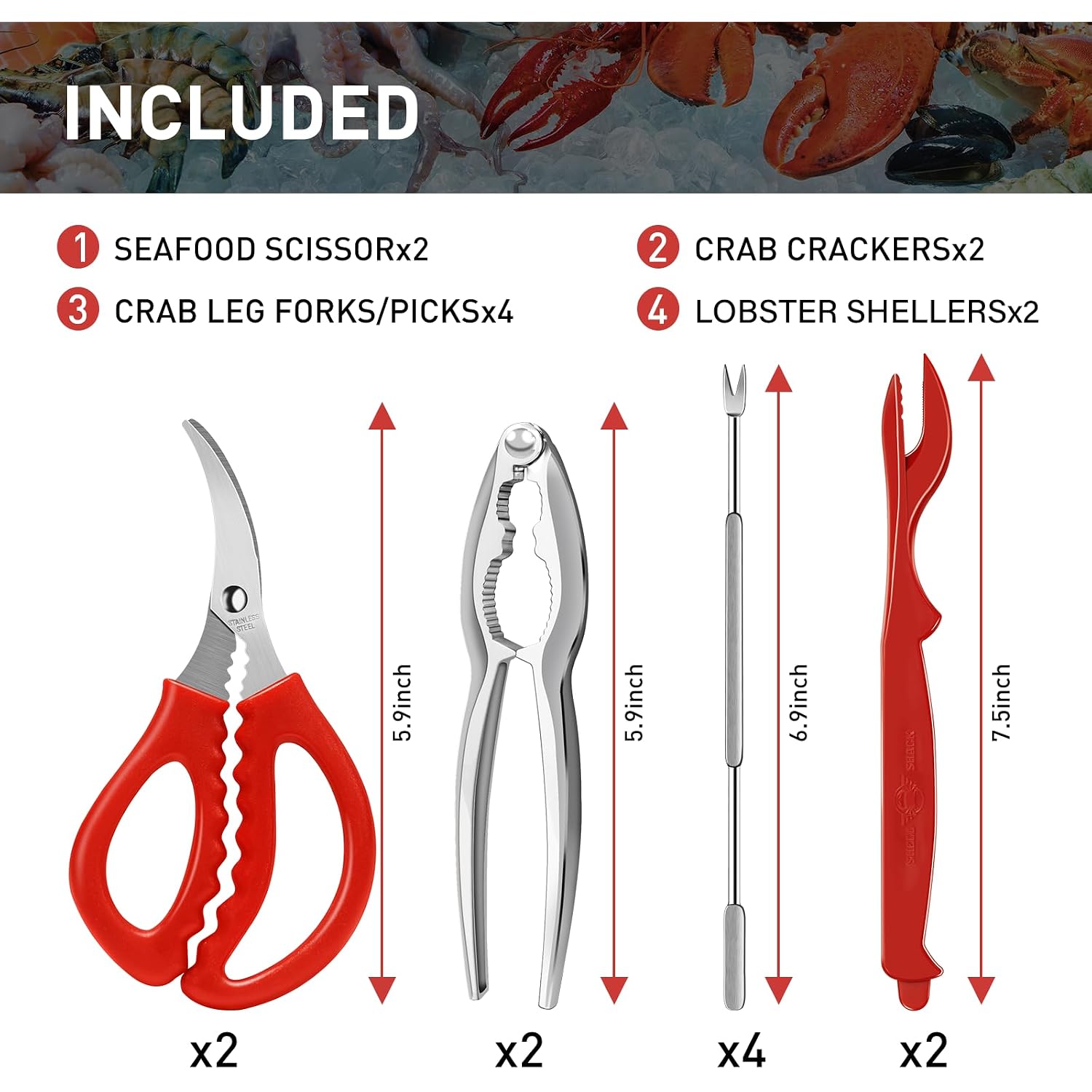 10 Pcs Seafood Tools Set Includes Crab Lobster Crackers, Stainless Steel Crab Forks/Picks, Lobster Shellers And Seafood Scissors, Nut Cracker Set For Crab Leg Crackers Tool