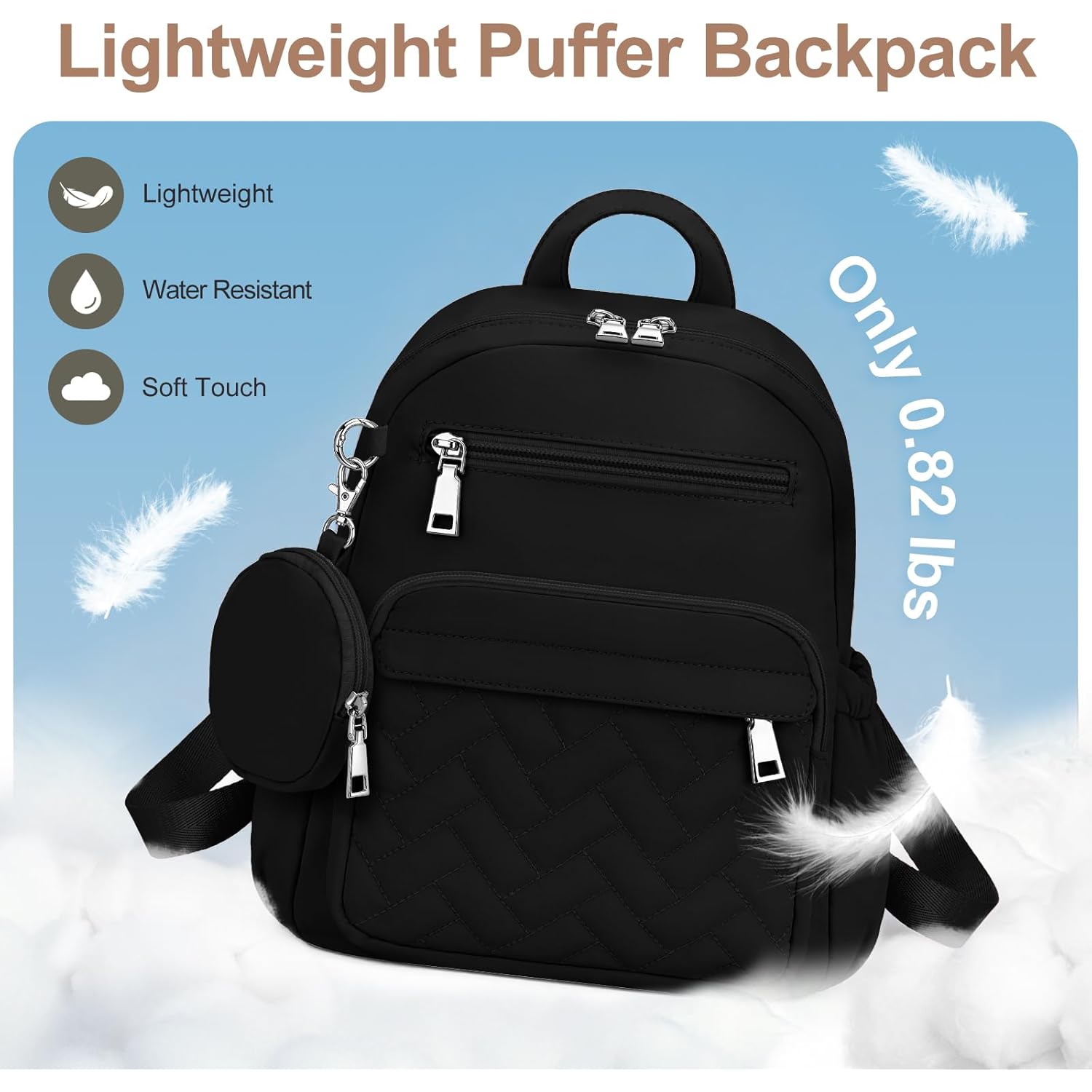 SYTRAH Mini Backpack for Women Small Backpack Purse, Anti Theft Backpack Waterproof Lightweight Puffer Back packs for Travel, Work with Coin Purse Black