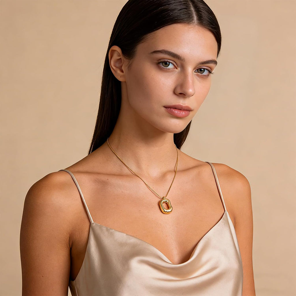 Gold Tone Irregular Oval Pendant Necklace for Women, Minimalist Chunky Snake Chain Necklace, Dainty 14K Gold Plated Statement Long Necklace