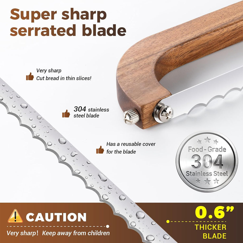 Sourdough Bread Knife,Bread Slicer For Homemade Bread,Adjustable Blade Tightness For Even Slicing, Serrated Knife,Wooden Bread Cutter With Bow Design (1, Brown)