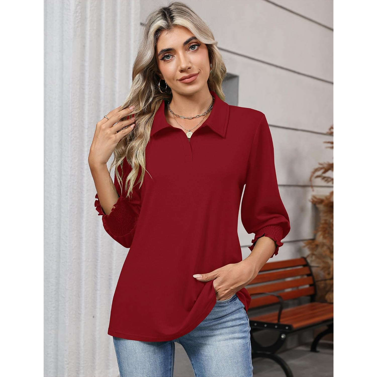 Ivicoer Womens 3/4 Length Sleeves Polo Shirts Collared Tops Business Casual Blouses Basic Tees Trendy Outfits Spring Clothes