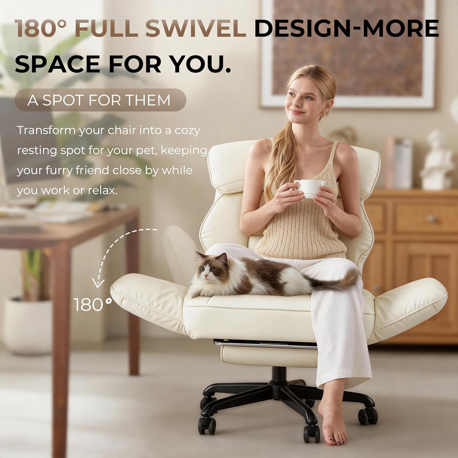 Dowinx Cross Legged Office Chair With Pivoting Armrests,Criss Cross Chair With Pocket Spring Seat & Back,Reclining Computer Gaming Chair With Footrest And Metal Base (Cream)