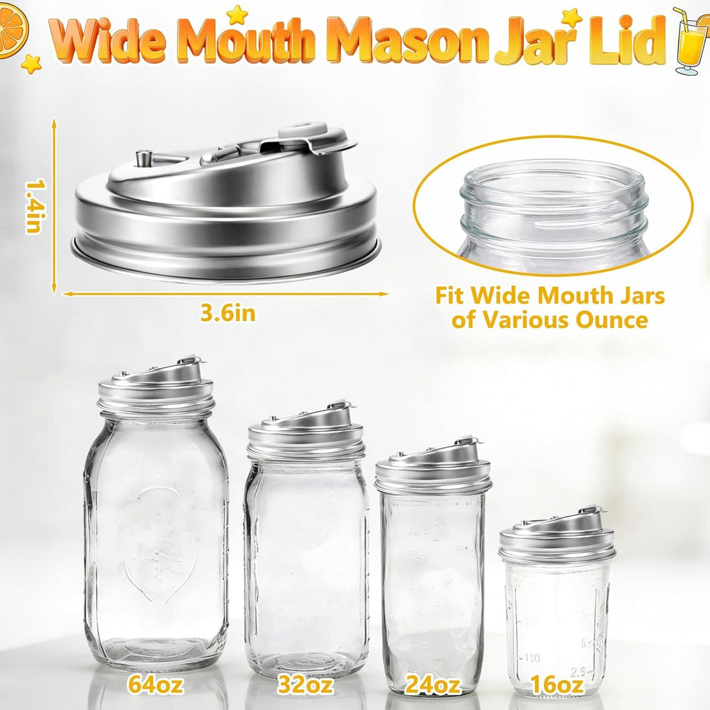 XUNWKONG Mason Jar Drinking Lids, Wide Mouth Stainless Steel Sip Lids for Iced Coffee, Smoothies & Cold Drinks, Leak Resistant Reusable Mason Jar Drink Lid, Heavy Duty Metal, 2 Packs