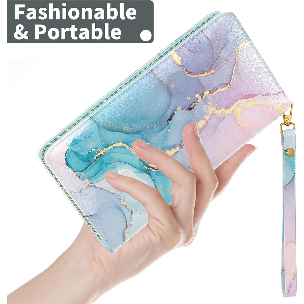 Nipichsha Womens Wallet, RFID Wristlet Wallet for Women, Cute Ladies Purse, Large Credit Card Clutch Purse, Leather Card Holder Wallets with Zipper & Phone Holder, Colorful Ink Marble
