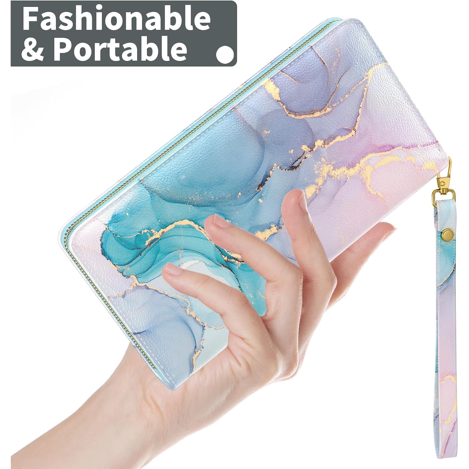 Nipichsha Womens Wallet, RFID Wristlet Wallet for Women, Cute Ladies Purse, Large Credit Card Clutch Purse, Leather Card Holder Wallets with Zipper & Phone Holder, Colorful Ink Marble