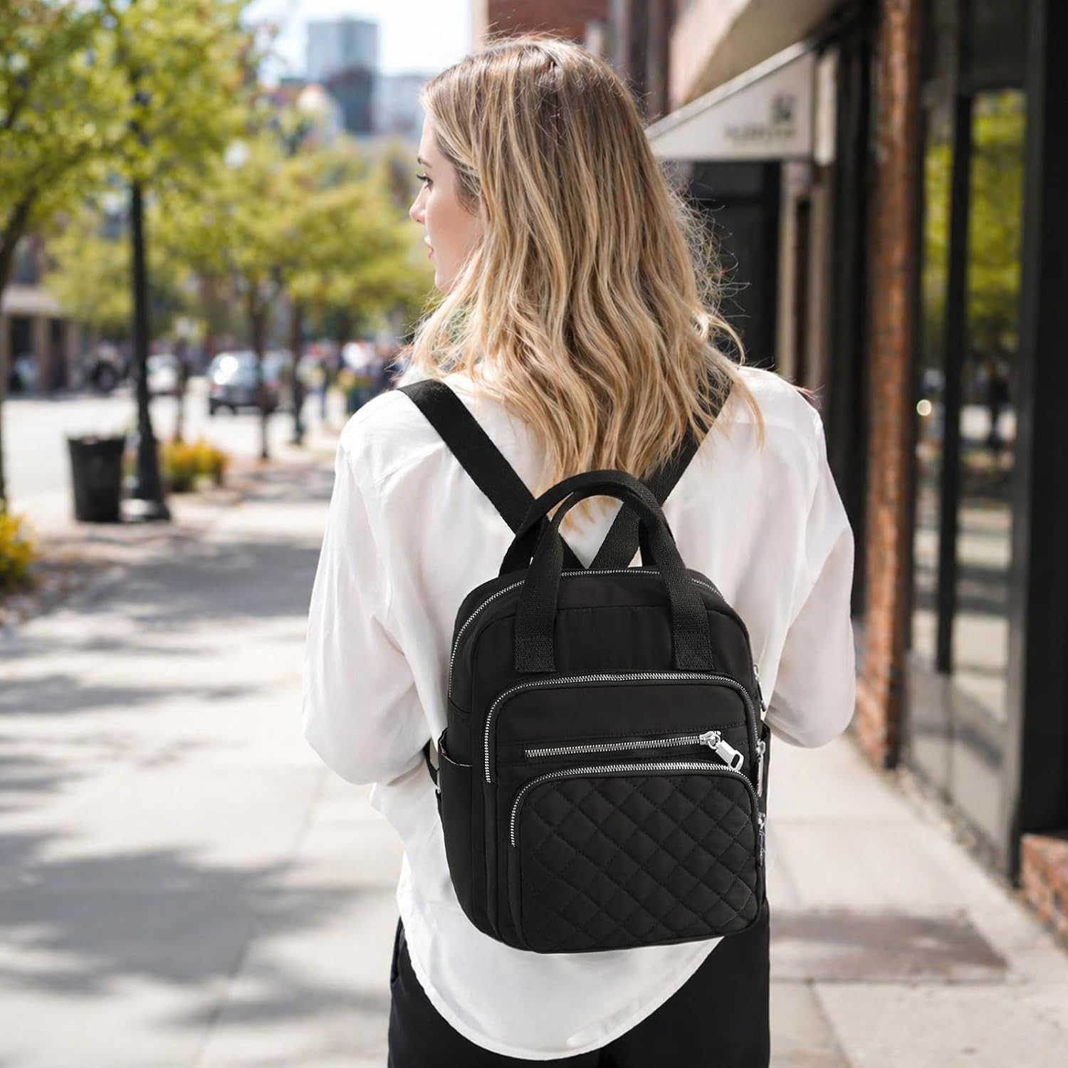 Small Backpack For Women Casual Quilted Square Bag Waterproof Multi Pockets Daypack Lightweight Top Handle Satchel