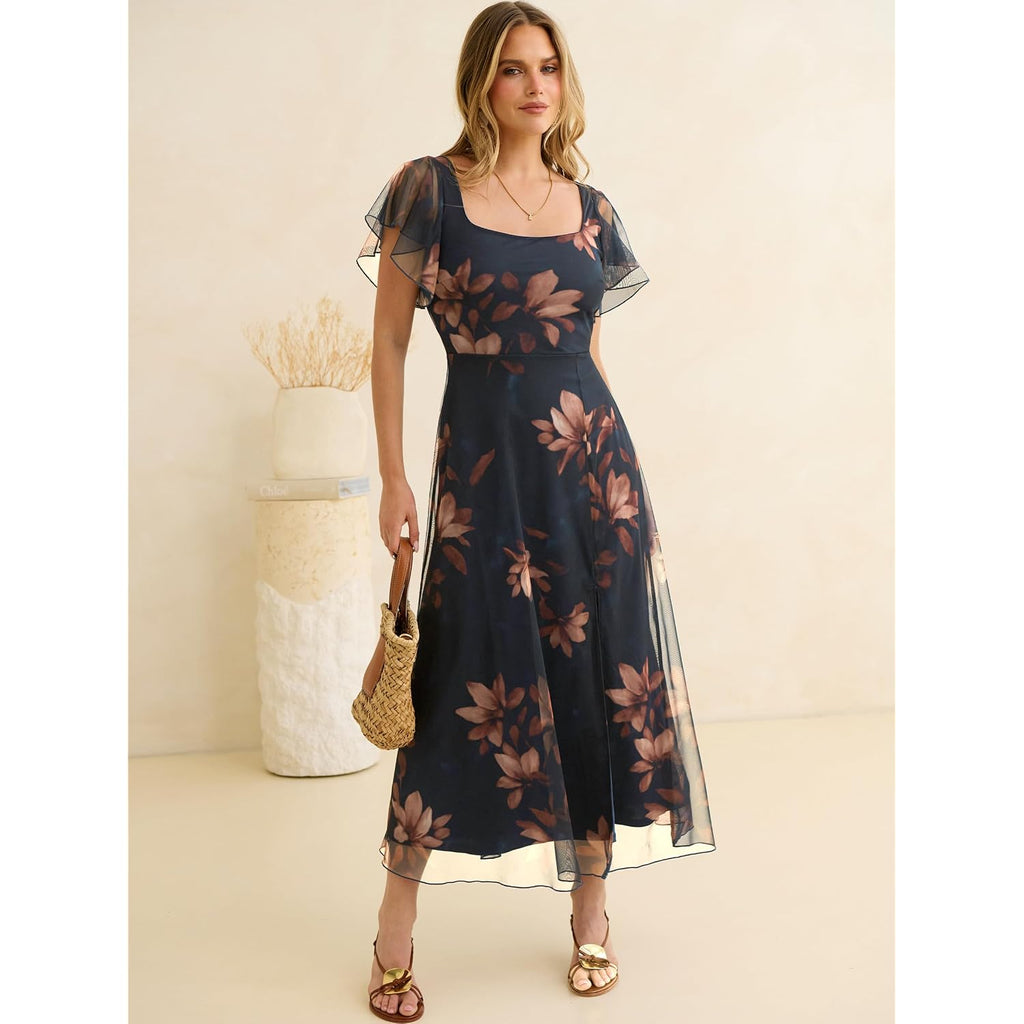 Caracilia Women Square Neck Floral Tulle Wedding Guest Bridemaid Dresses Summer Ruffle Sleeve High Slit Formal Midi Dress