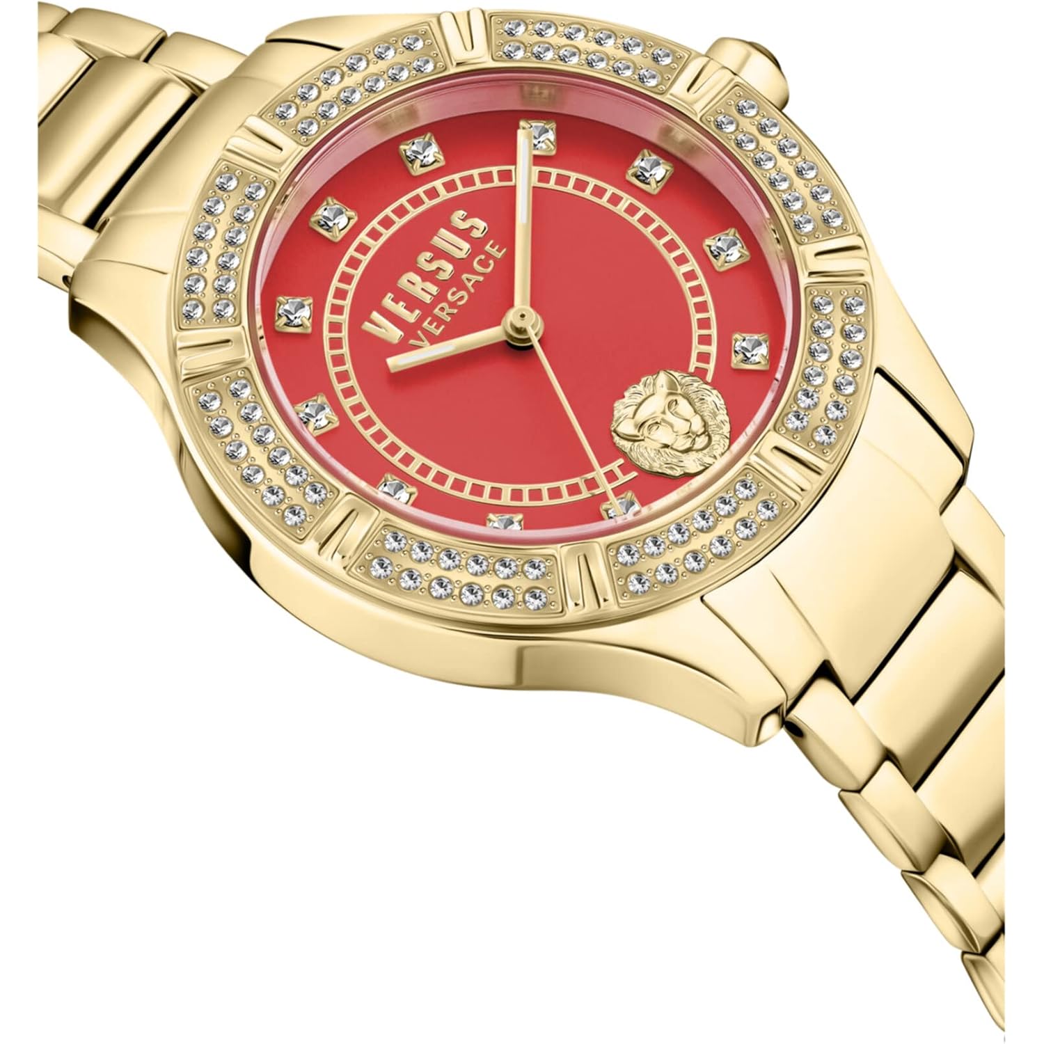 Versus Versace Canton Road Crystal Women'S Watch, 36Mm Ip Yellow Gold Case, Red Enamel Dial, Gold Tone Bracelet, Quartz Movement, Crystal Bezel, 3 Atm Water Resistant
