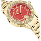 Versus Versace Canton Road Crystal Women'S Watch, 36Mm Ip Yellow Gold Case, Red Enamel Dial, Gold Tone Bracelet, Quartz Movement, Crystal Bezel, 3 Atm Water Resistant