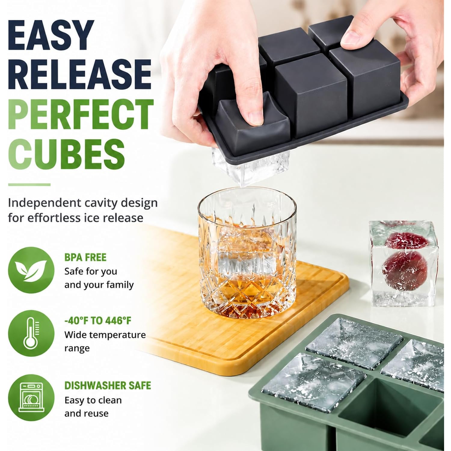 Large Ice Cube Tray For Whiskey: 2" Big Silicone Ice Tray With Lid For Whisky - 3Pack Old Fashioned Ice Cube Trays For Cocktail - Huge Square Cubed Bourbon Ice Cube Maker