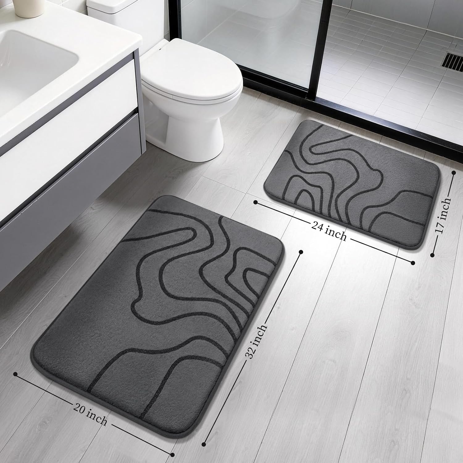Memory Foam Bathroom Rugs Sets 2 Piece - Extra Thick Ultra Soft Absorbent Bath Mat Set, Non-Slip Machine Washable Bath Rugs For Bathroom, Tub & Shower, Home Decor (32"X20"+24"X17", Dark Grey)