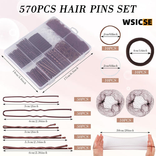 570PCS Brown Bobby Pins for Women, Hair Pins Kit with Hair Nets for Buns, 2 & 2.4Inch U-shaped Bobby Pins Bulk for Wedding Bridal Styling with Storage Box, French Hair Pin Clips Hair Accessories