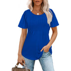 Ofeefan Womens T Shirts Short Sleeve Pleated Dressy Casual Scooped Neck Summer Tops Blouses