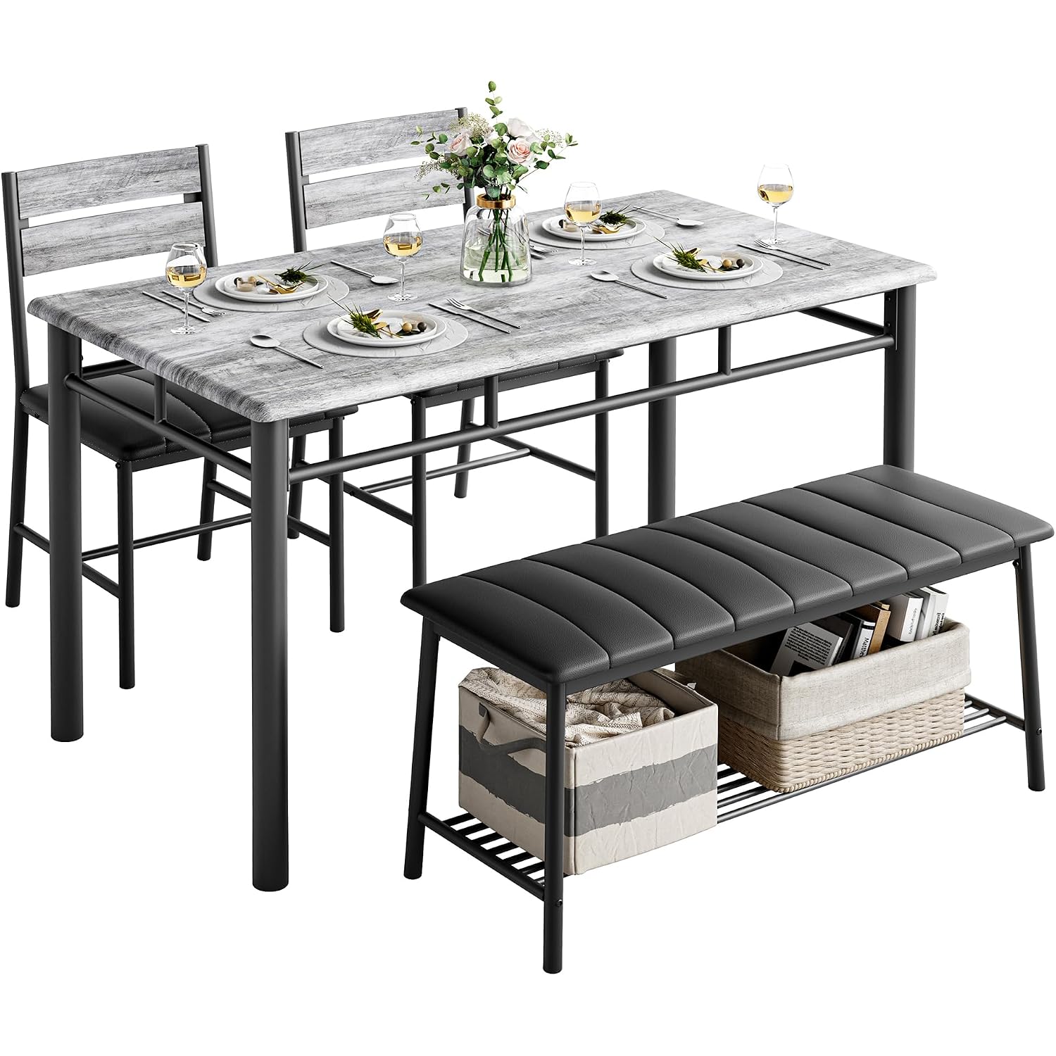 Ironck Dining Table Set For 4, Kitchen Table With Upholstered Bench And 2 Chairs, Kitchen Table And Chairs Set For Small Space, Apartment, Gray