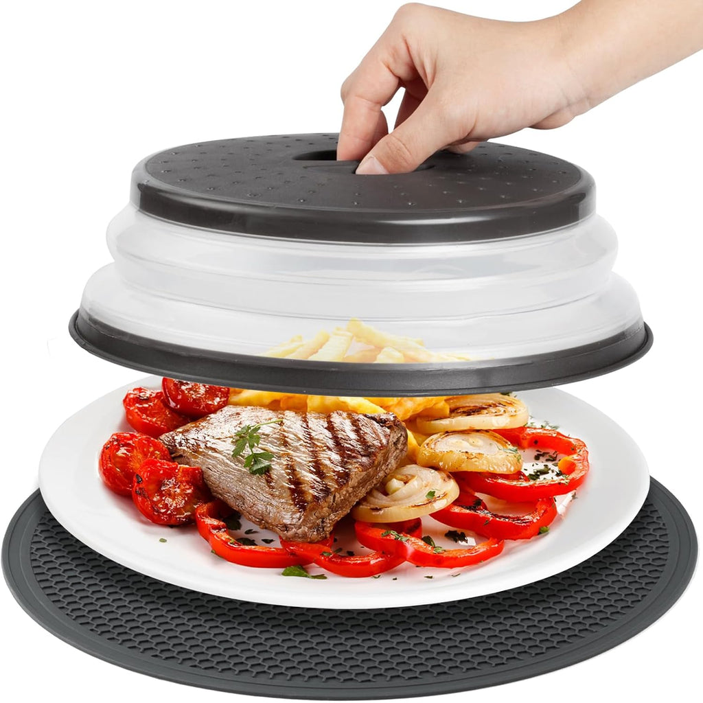 Microwave Splatter Cover & Silicone Mat – Collapsible, Vented, Reusable Food Guard And Plate Cover With Heat-Resistant Trivet For Pots, Pans, And Kitchen Counter, Black