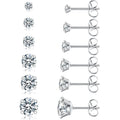6 Pairs Stud Earrings Set, Hypoallergenic Cubic Zirconia 316L Earrings Stainless Steel CZ Earrings 3-8mm (Steel color)