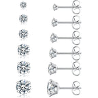 6 Pairs Stud Earrings Set, Hypoallergenic Cubic Zirconia 316L Earrings Stainless Steel CZ Earrings 3-8mm (Steel color)