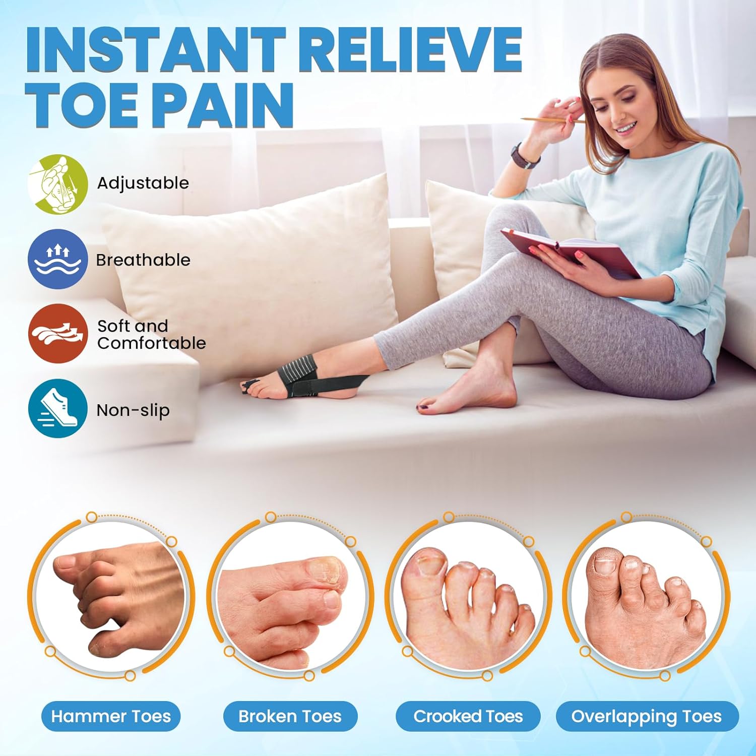 Hammer Toe Straightener - Non-Slip Hammer Toe Corrector for Women & Men - Adjustable Toe Splint Relief for Broken, Curled Support - Toe Wrap for Standing, Resting (1 Foot Wrap & 1 Strap)
