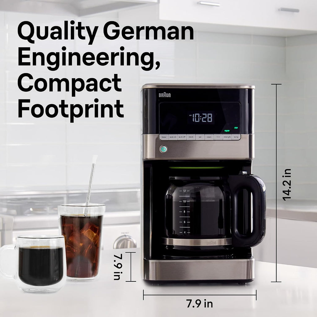 Braun Brewsense 12 Cup Drip Coffee Maker - Pause & Pour Mid Brew, Coffee Machine With 24-Hour Timer & Clock, Bold & Regular Strength, 1-4 Cup Functions, Self Clean, Auto Shutoff, Stainless Steel