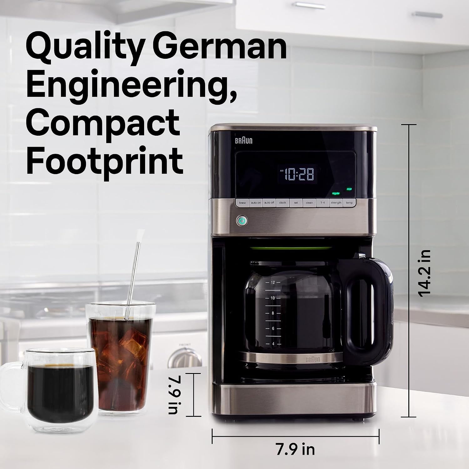 Braun Brewsense 12 Cup Drip Coffee Maker - Pause & Pour Mid Brew, Coffee Machine With 24-Hour Timer & Clock, Bold & Regular Strength, 1-4 Cup Functions, Self Clean, Auto Shutoff, Stainless Steel